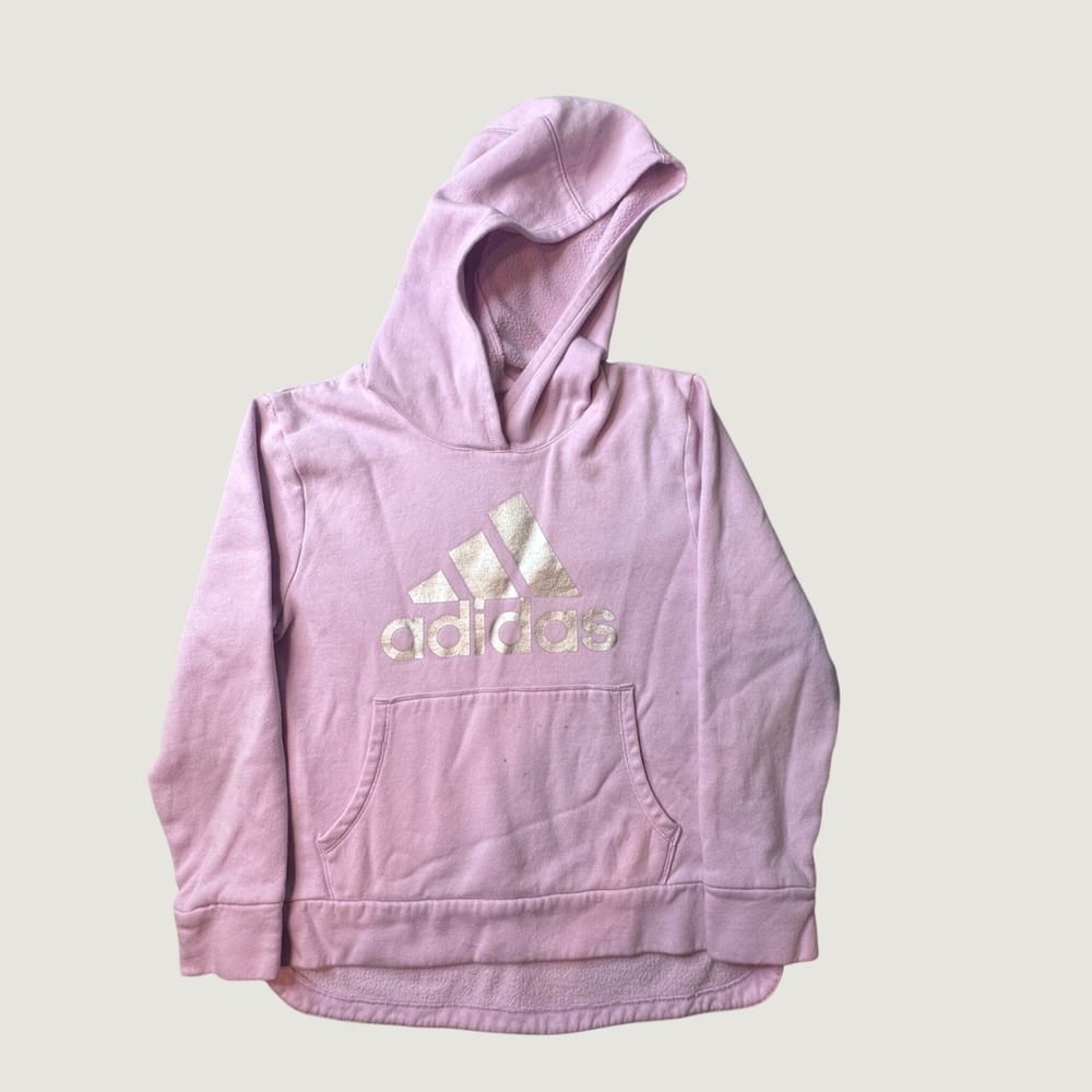 Adidas Hoodie Kids M Pink Metallic Gold Logo Graphic Pullover Sweatshirt GOOD